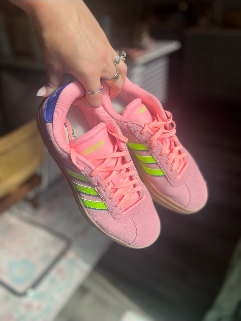 adidas Pink Sneakers with Neon Green Stripes